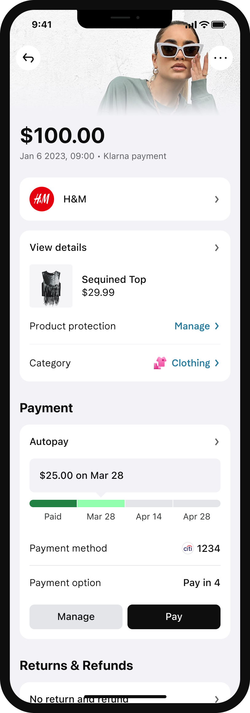 Klarna Transaction Detail Page on mobile